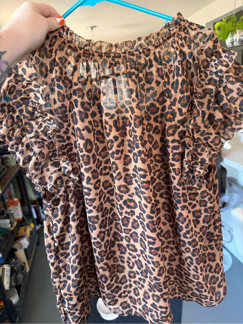 Old Navy Leopard Print Ruffle Sheer Sleeve Top - Picture 3 of 6